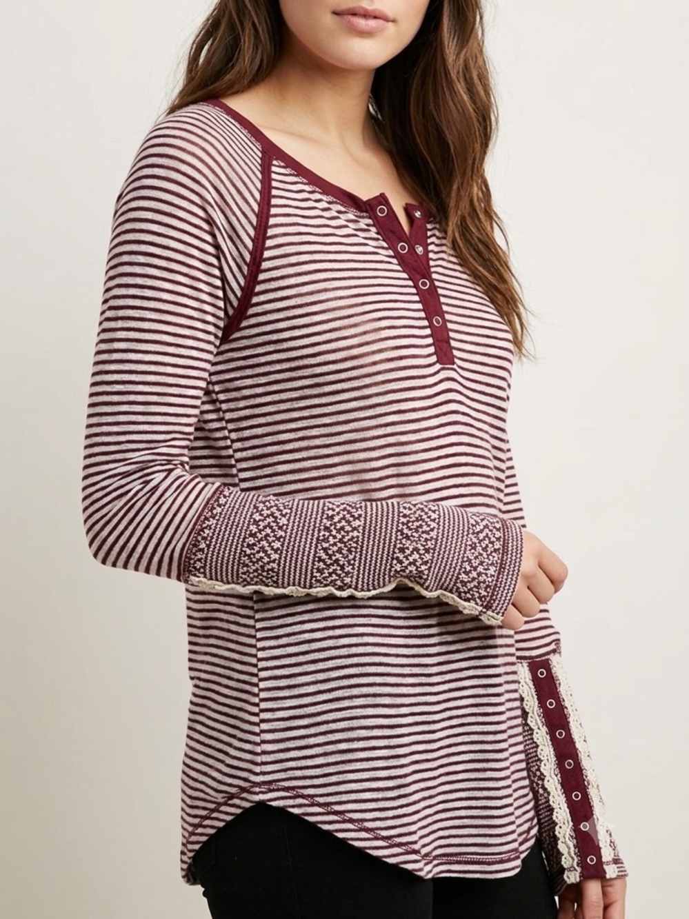 Jolt Striped Henley Top Medium Maroon White Lace Snap Cuff Long Sleeve